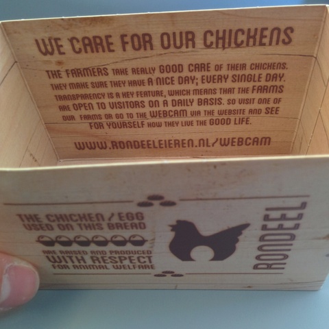 KLM sandwich box on flight from TXL to AMS with note 'The chicken /
egg used on this bread are raised and produced with respect for animal
welfare.' KLM sandwich box on flight from TXL to AMS with note 'The chicken /
egg used on this bread are raised and produced with respect for animal
welfare.'