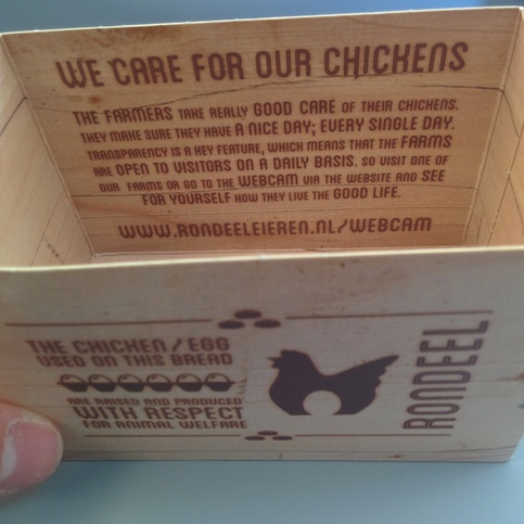 KLM sandwich box on flight from TXL to AMS with note 'The chicken /
egg used on this bread are raised and produced with respect for animal
welfare.' KLM sandwich box on flight from TXL to AMS with note 'The chicken /
egg used on this bread are raised and produced with respect for animal
welfare.'